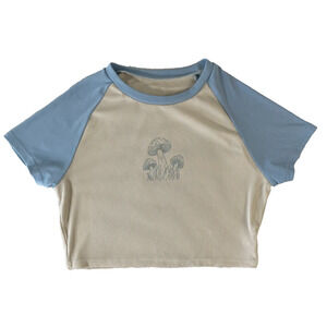 Cottagecore Mushroom Graphic Ribbed Crop Top Raglan Tee Size L